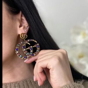 Gold GG Marmont Colorful Crystals Dangle Earrings